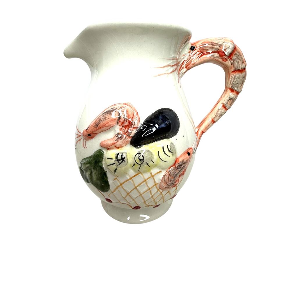 MCM Hand-Painted Portuguese Majolica Shrimp-Shaped Handled Pitcher Stamped